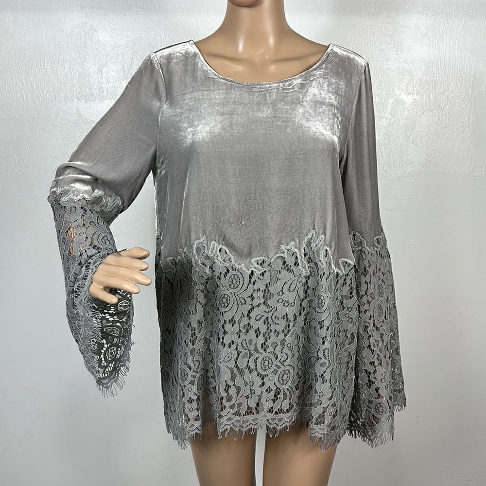 Sundance Gray Silk Blend Velvet Lace Floral Tunic Top Size S
